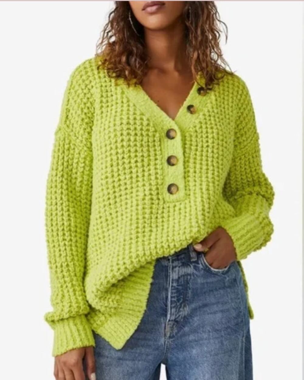 Free People Womens Whistle Thermal Oversized Sweater Green Size S